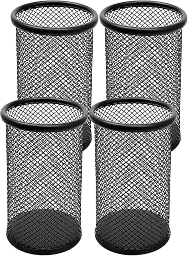 4 PCS Mesh Pen Holder – Round Metal Wire Desk Organizer Cup – Black Pencil Holder for Office, School & Home